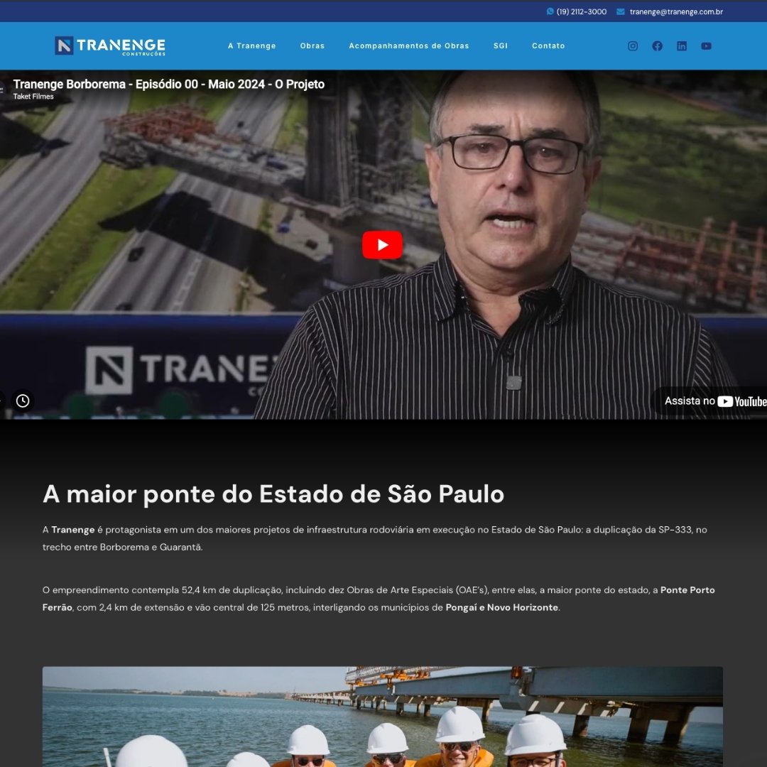 Página de acompanhamento de obras no site Tranenge