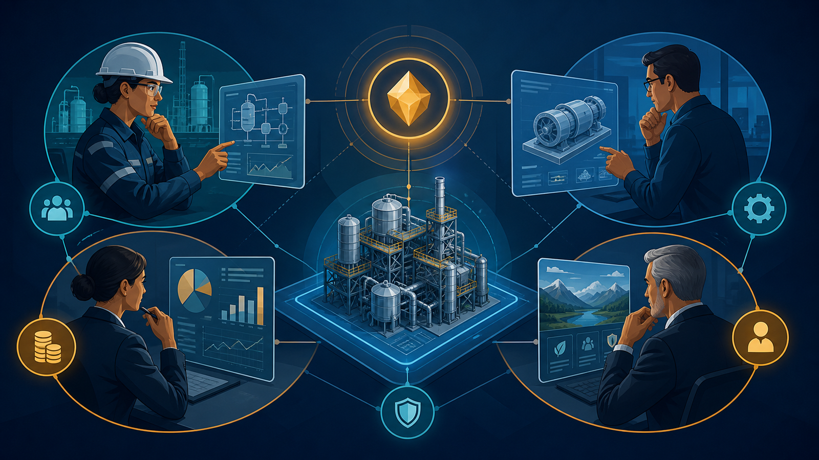 Comitê de compras B2B com diferentes decisores conectados à mesma proposta de valor técnica