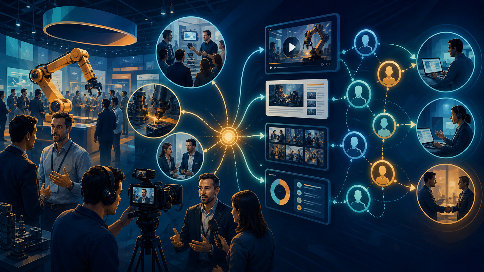 Feira industrial conectada a entrevistas, demonstrações, conteúdo digital e oportunidades no pipeline