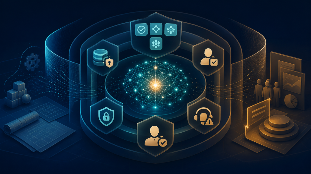 Sistema de inteligência artificial protegido por camadas de governança, revisão e segurança de dados B2B