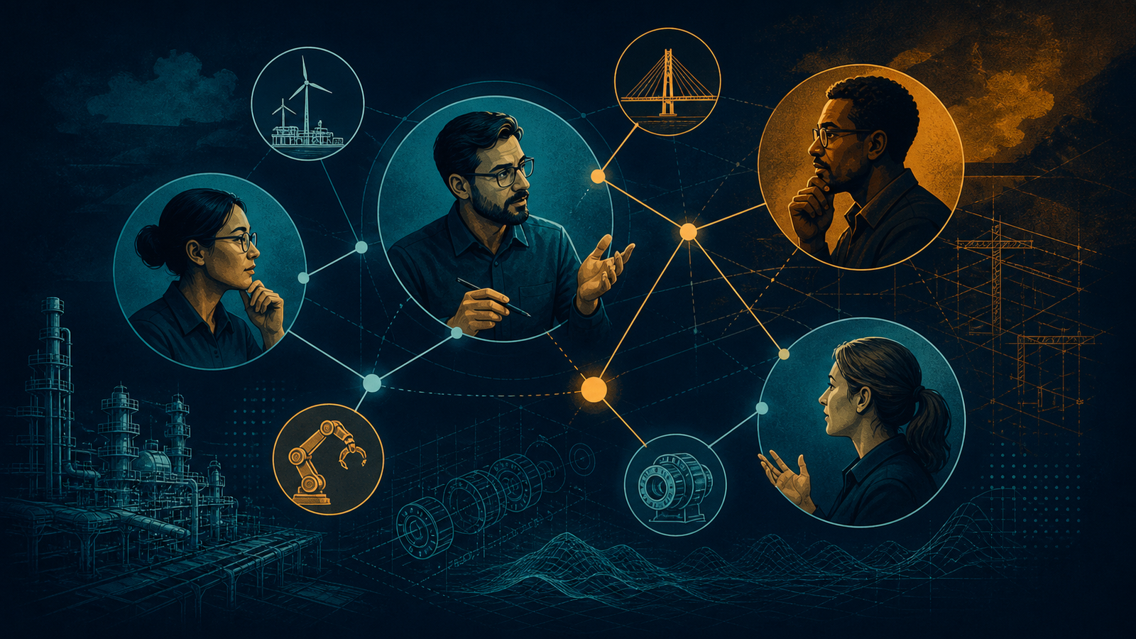 Especialistas de engenharia compartilhando conhecimento técnico em uma rede profissional digital