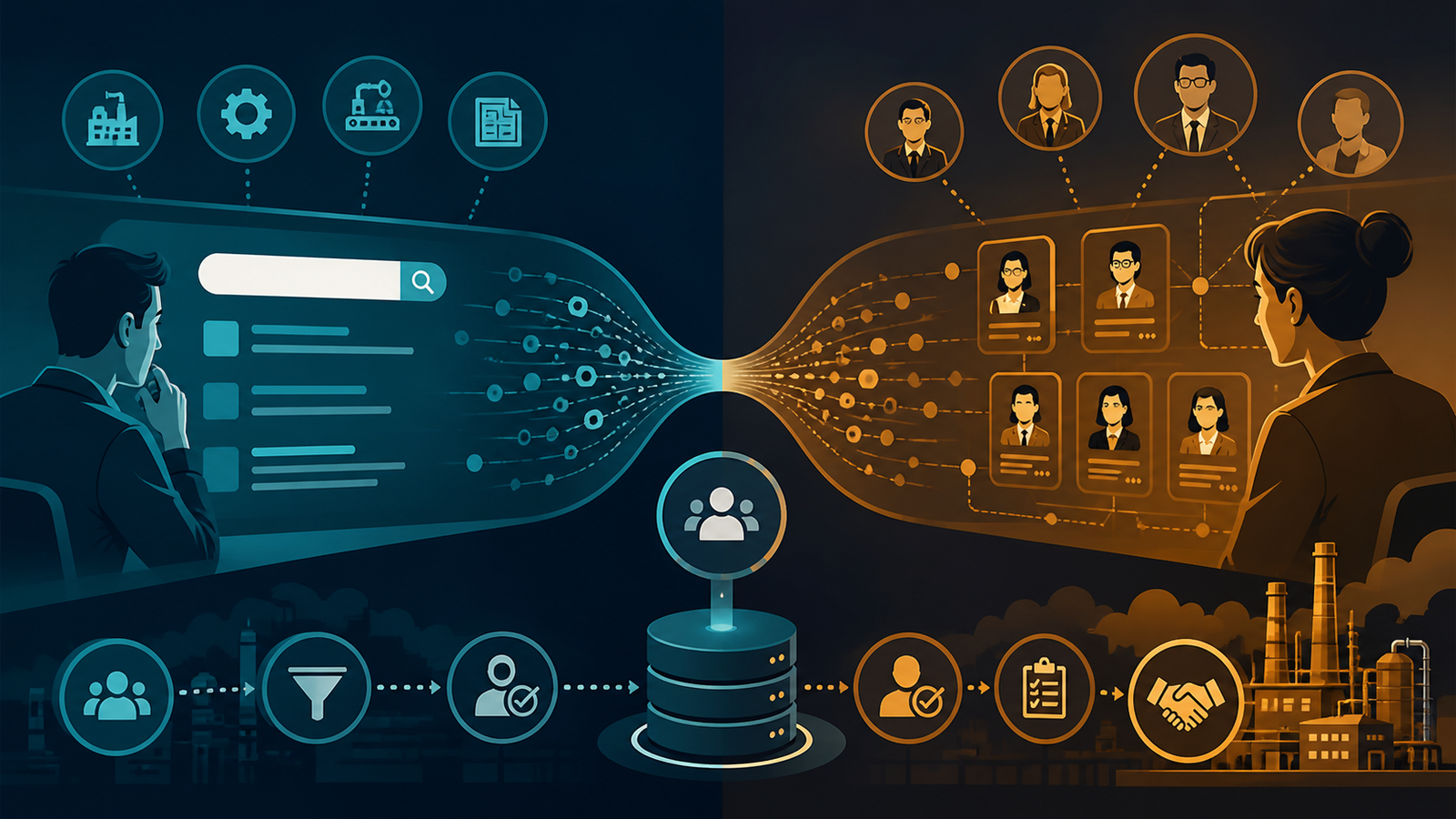 Dois caminhos de mídia paga B2B conectando intenção de busca e segmentação profissional ao CRM