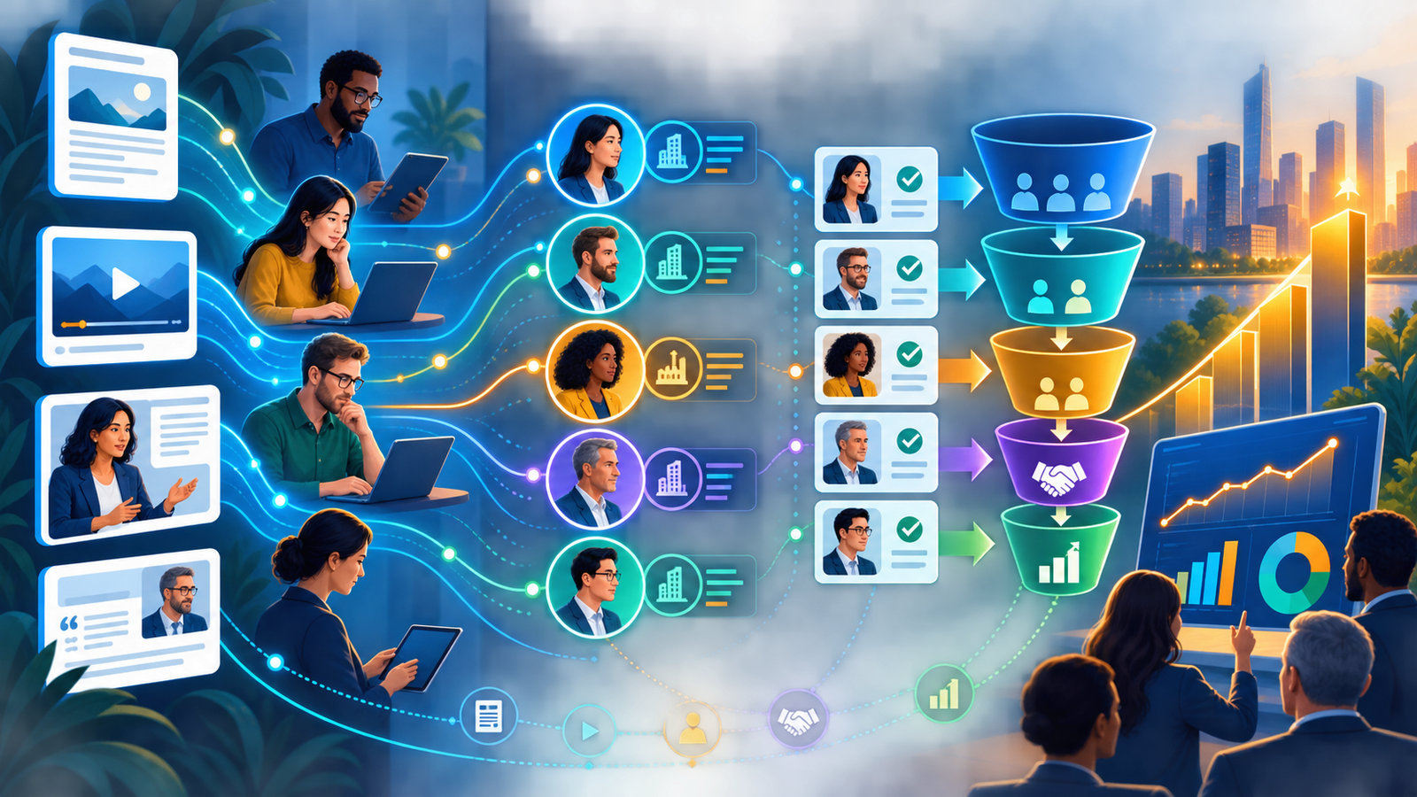 Fluxo de métricas conectando conteúdo B2B, contas engajadas, oportunidades e receita