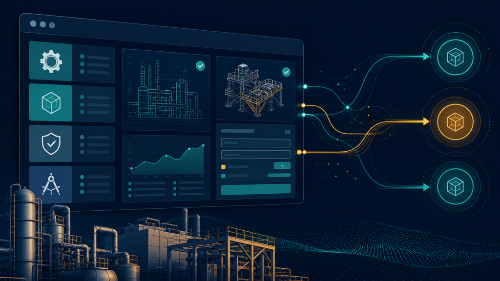 Interface conceitual de site de engenharia com soluções, provas técnicas, formulário e indicadores de desempenho