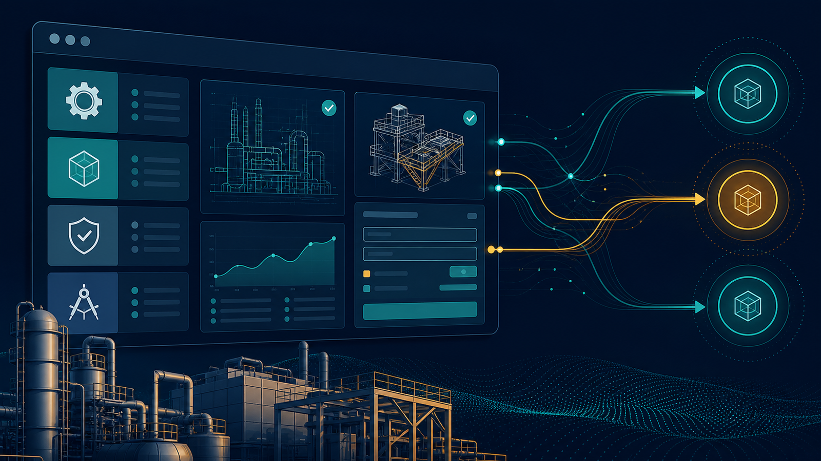 Interface conceitual de site de engenharia com soluções, provas técnicas, formulário e indicadores de desempenho