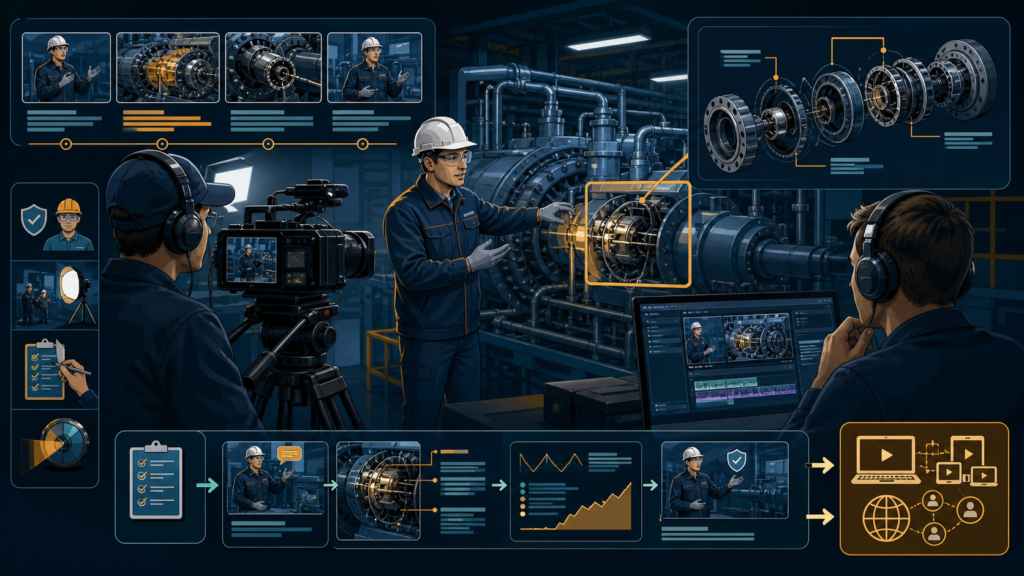 Produção de vídeo técnico mostrando equipamento industrial, roteiro, captação e distribuição digital