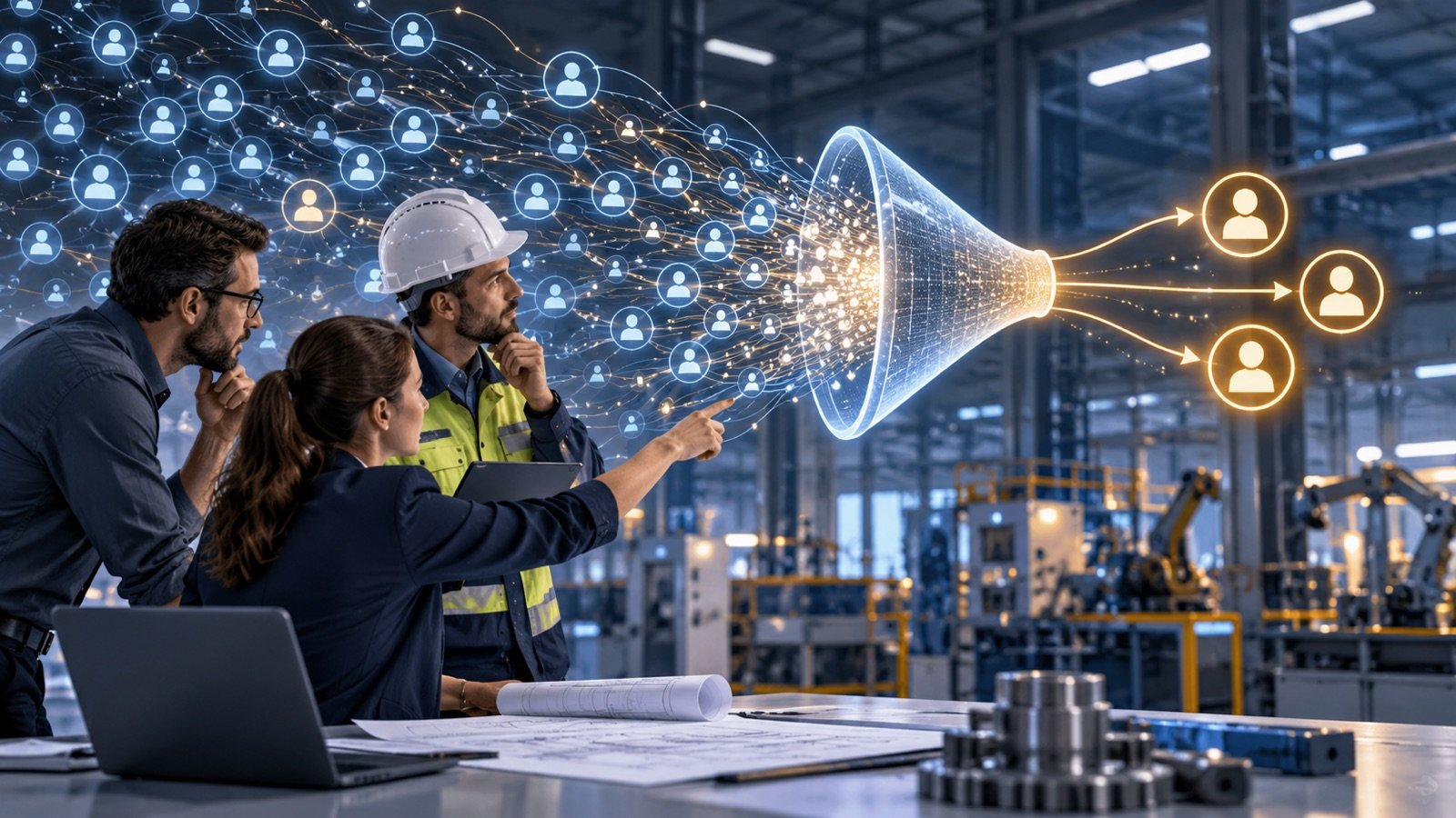 Equipe de engenharia analisando um painel de oportunidades comerciais qualificadas