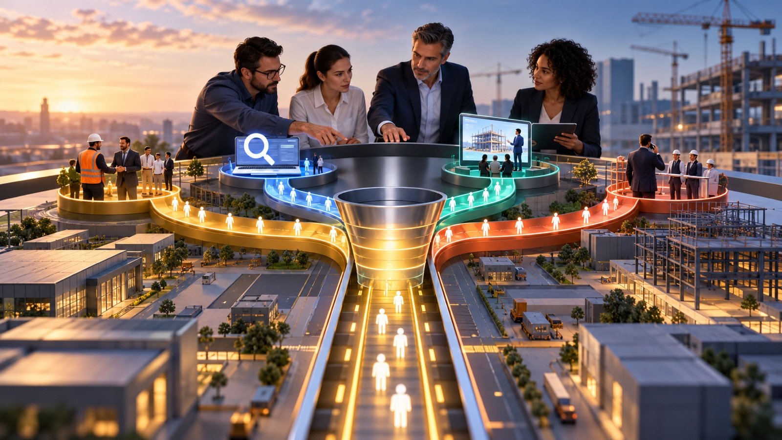 Executivos conectando indicações a diferentes canais de aquisição B2B