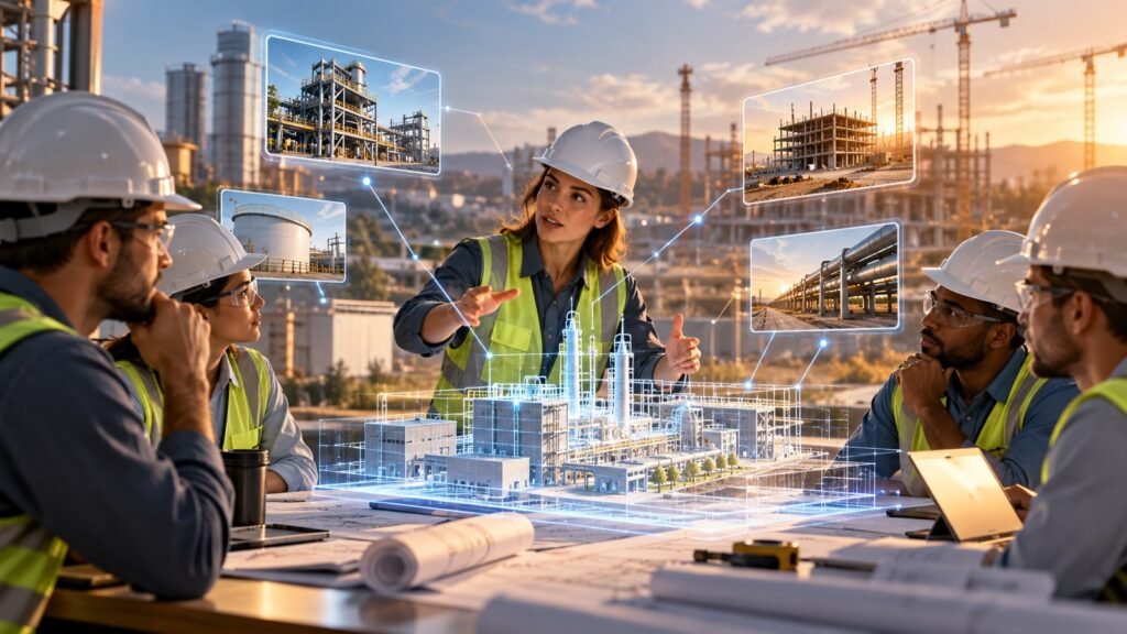 Especialista apresentando conhecimento técnico a profissionais de engenharia e construção