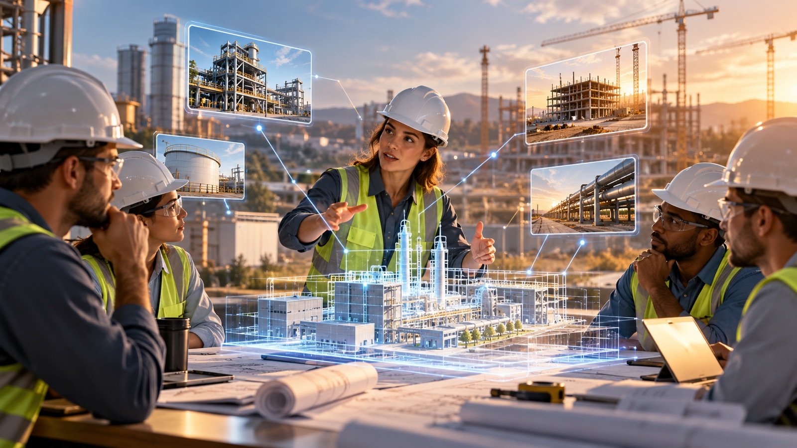 Especialista apresentando conhecimento técnico a profissionais de engenharia e construção
