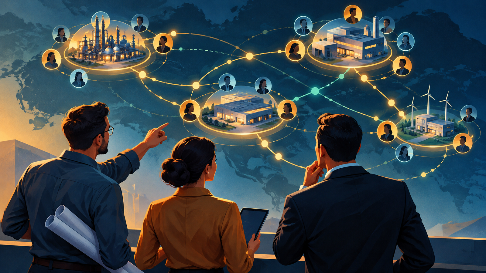 Ilustração conceitual de equipes de engenharia e marketing conectando contas prioritárias