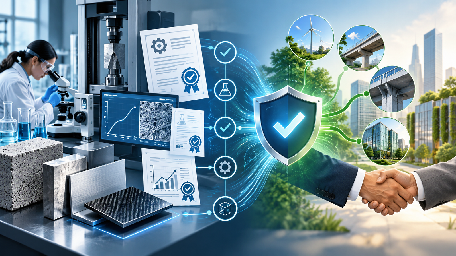 Ilustração conceitual de ensaios e certificações gerando confiança comercial