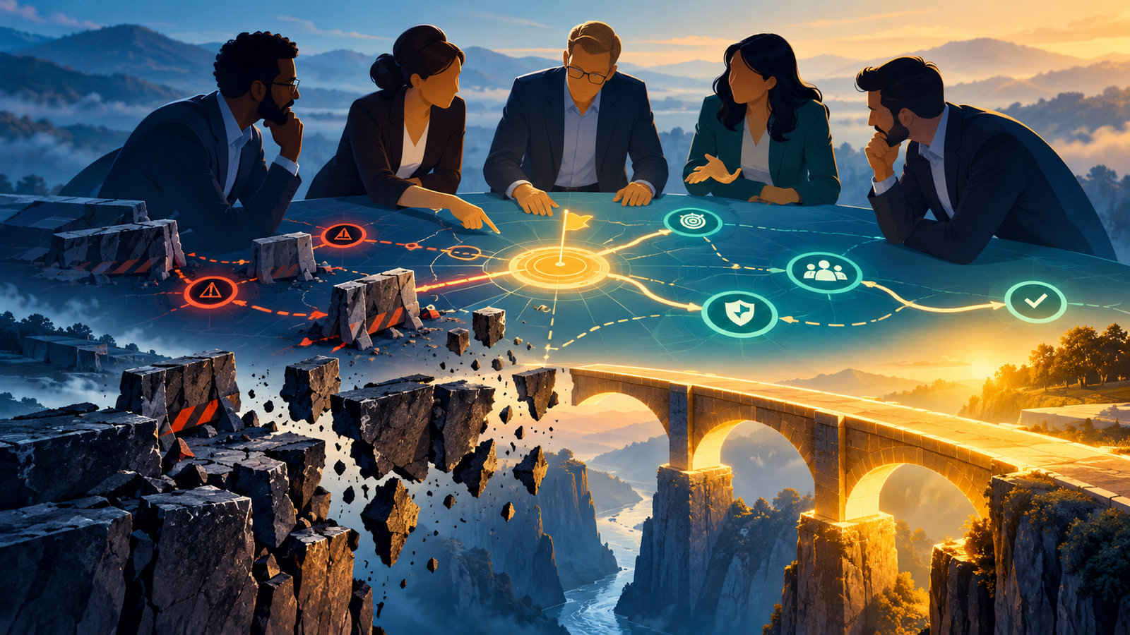 Ilustração conceitual de um comitê de compra B2B formando consenso