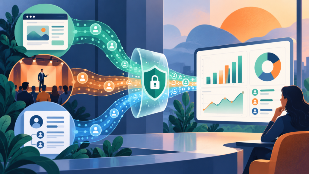 Ilustração conceitual de dados próprios conectando site, eventos e CRM