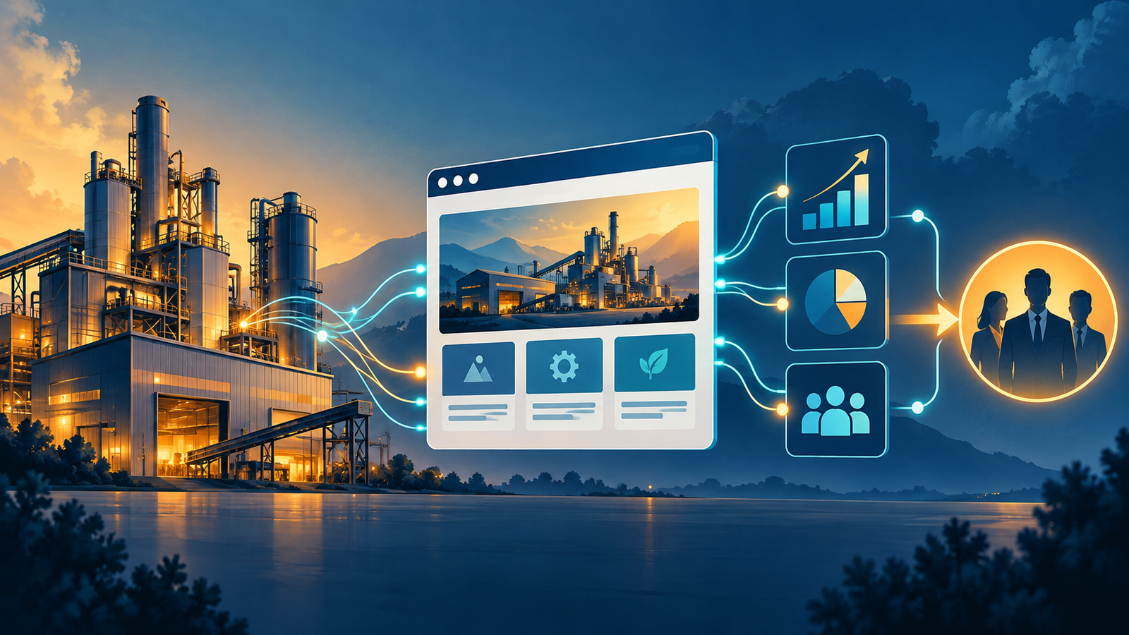 Ilustração conceitual de um site industrial conectado a dados, engenharia e oportunidades comerciais