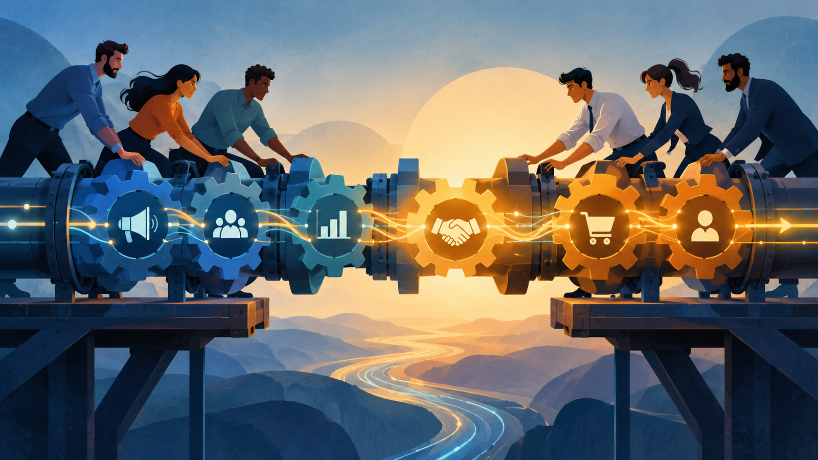 Ilustração conceitual de marketing e vendas industriais alinhando etapas de um pipeline