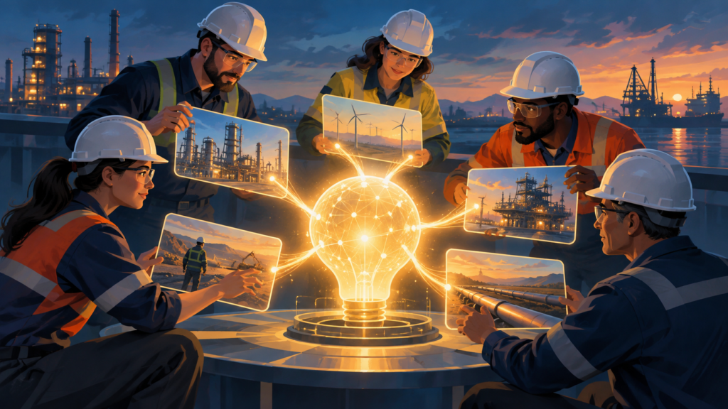 Ilustração conceitual de especialistas industriais transformando experiência em conhecimento compartilhado