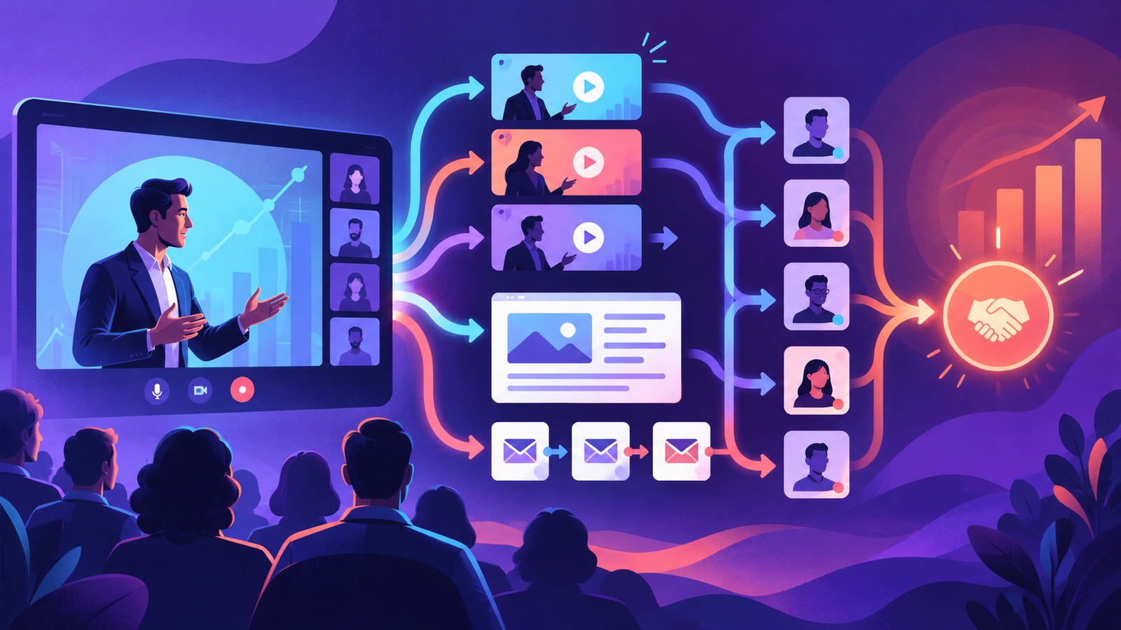 Ilustração conceitual de webinar técnico conectado ao pipeline comercial